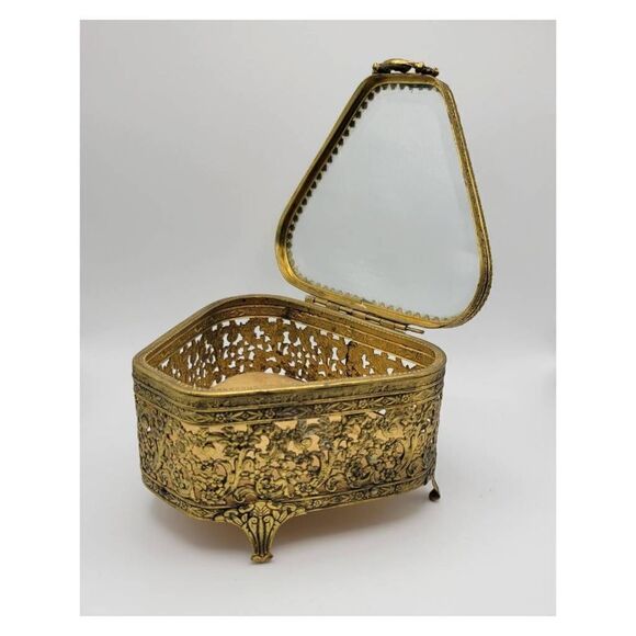 Vintage 1950's Trapezoid Shape Gold Filigree Jewelry Casket Jewelry Box